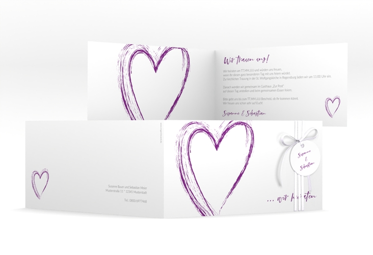 Hochzeitseinladung Liebe lange Klappkarte quer lila hochglanz