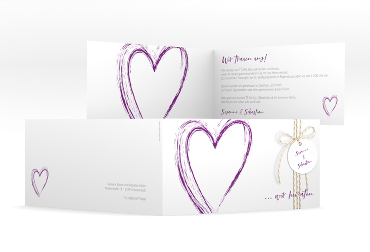 Hochzeitseinladung Liebe lange Klappkarte quer lila hochglanz