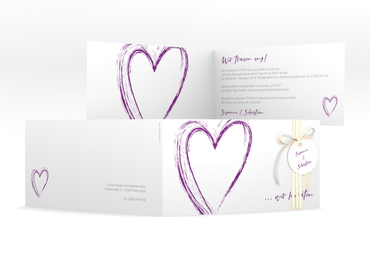 Hochzeitseinladung Liebe lange Klappkarte quer lila hochglanz