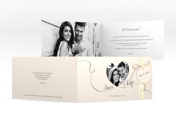 Hochzeitseinladung Dolce lange Klappkarte quer beige