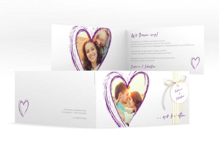 Hochzeitseinladung Liebe lange Klappkarte quer lila hochglanz