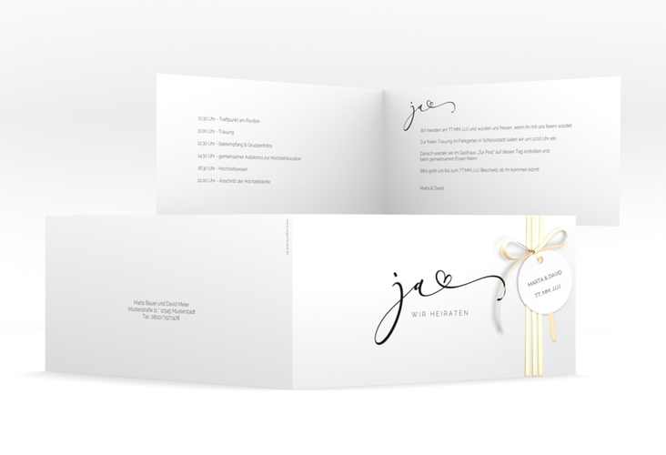 Hochzeitseinladung Jawort lange Klappkarte quer weiss modern minimalistisch mit veredelter Aufschrift