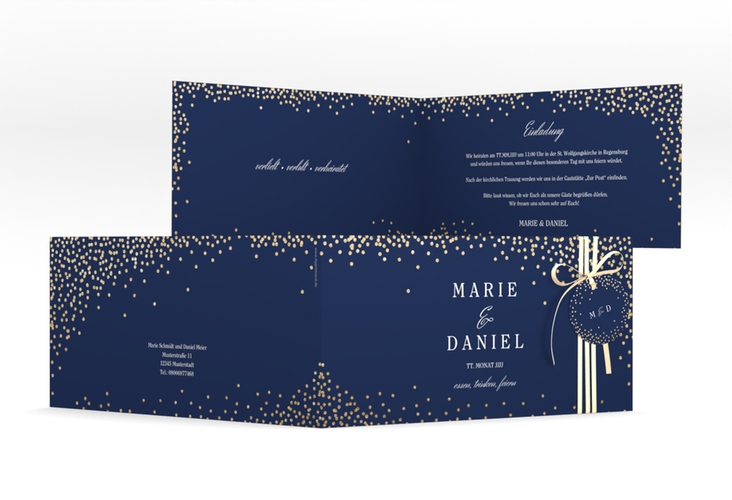 Hochzeitseinladung Glitter lange Klappkarte quer blau hochglanz