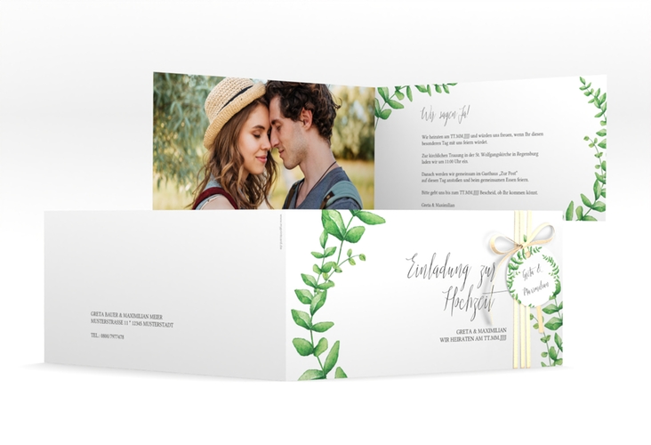 Hochzeitseinladung Botanic lange Klappkarte quer weiss
