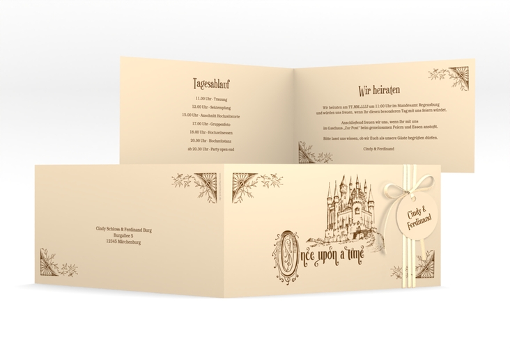 Hochzeitseinladung Storybook lange Klappkarte quer beige