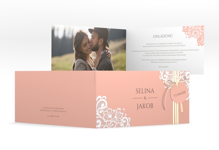 Hochzeitseinladung Vintage lange Klappkarte quer apricot mit floraler Spitze