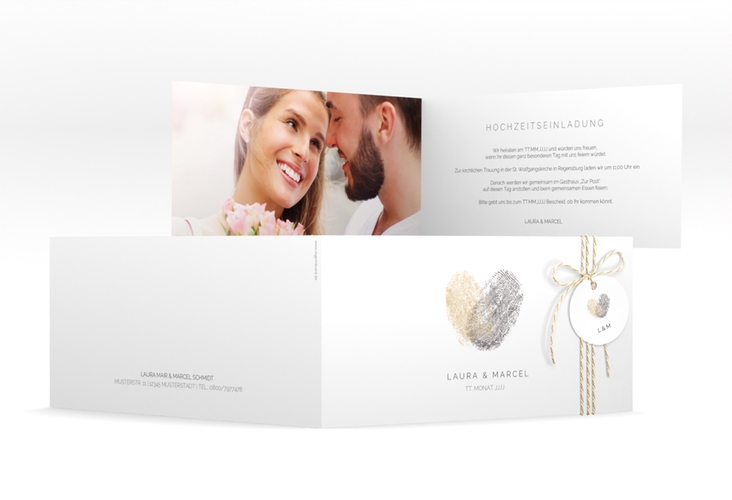 Hochzeitseinladung Fingerprint lange Klappkarte quer beige schlicht mit Fingerabdruck-Motiv