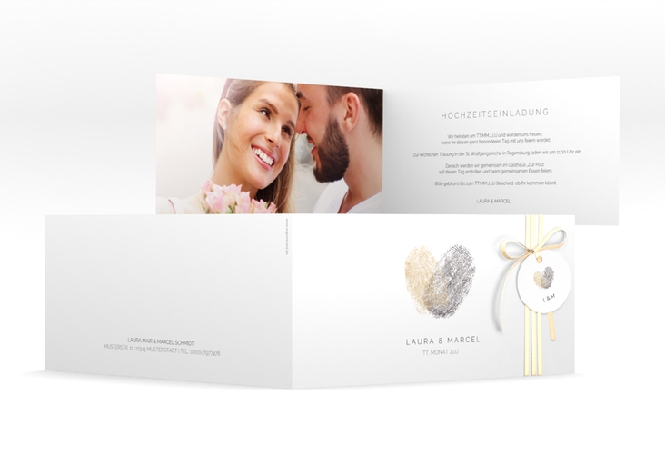 Hochzeitseinladung Fingerprint lange Klappkarte quer beige schlicht mit Fingerabdruck-Motiv