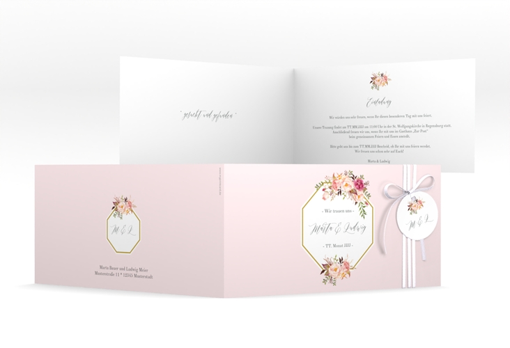 Hochzeitseinladung Prachtvoll lange Klappkarte quer rosa hochglanz