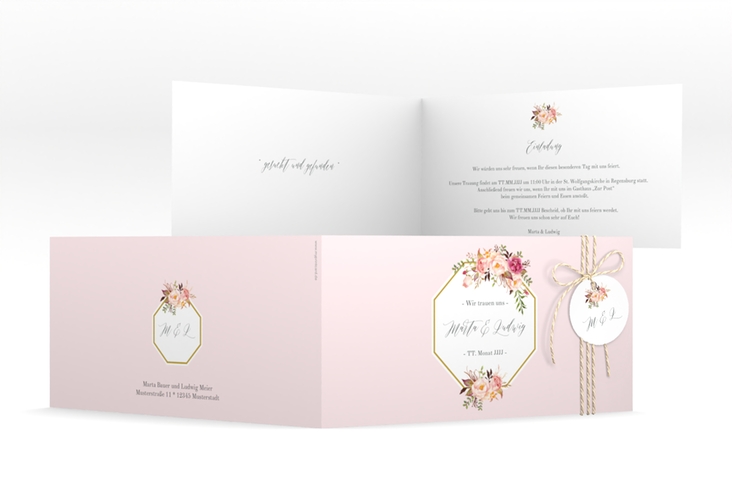 Hochzeitseinladung Prachtvoll lange Klappkarte quer rosa hochglanz