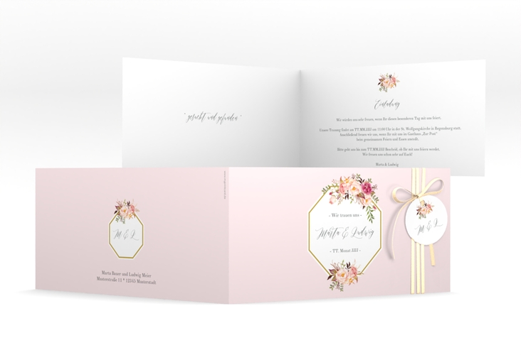 Hochzeitseinladung Prachtvoll lange Klappkarte quer rosa hochglanz