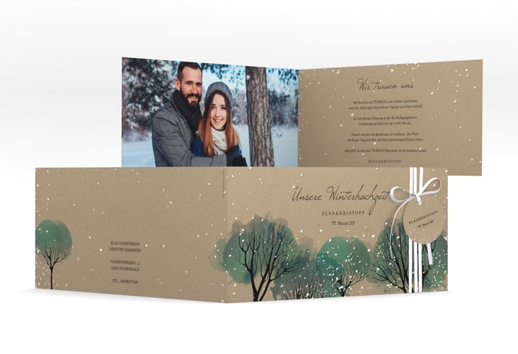 Hochzeitseinladung Winterhochzeit lange Klappkarte quer Kraftpapier
