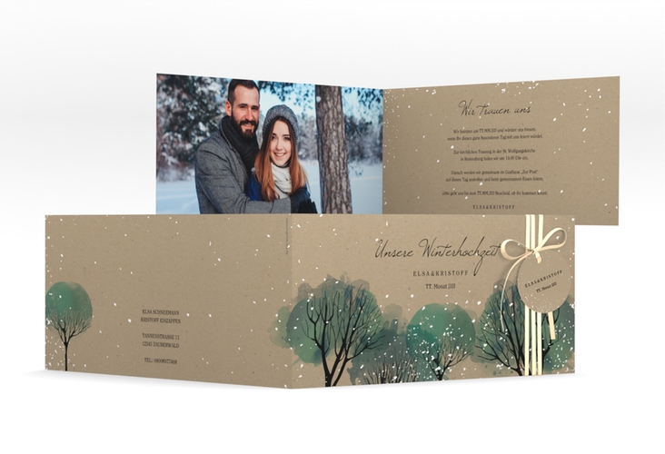 Hochzeitseinladung Winterhochzeit lange Klappkarte quer Kraftpapier