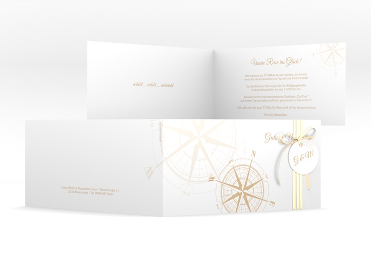 Hochzeitseinladung Windrose lange Klappkarte quer beige hochglanz