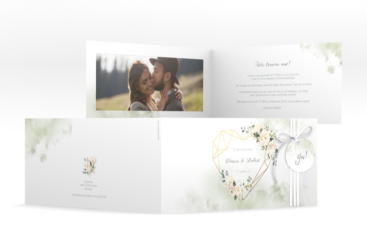 Hochzeitseinladung Adore lange Klappkarte quer gruen hochglanz