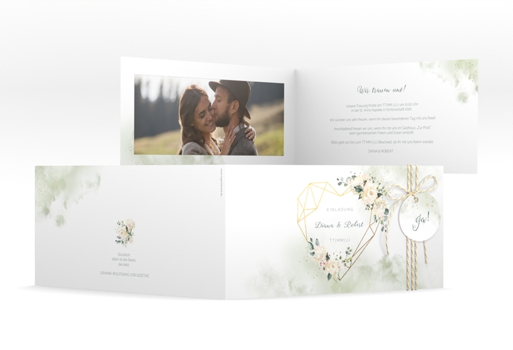 Hochzeitseinladung Adore lange Klappkarte quer gruen hochglanz