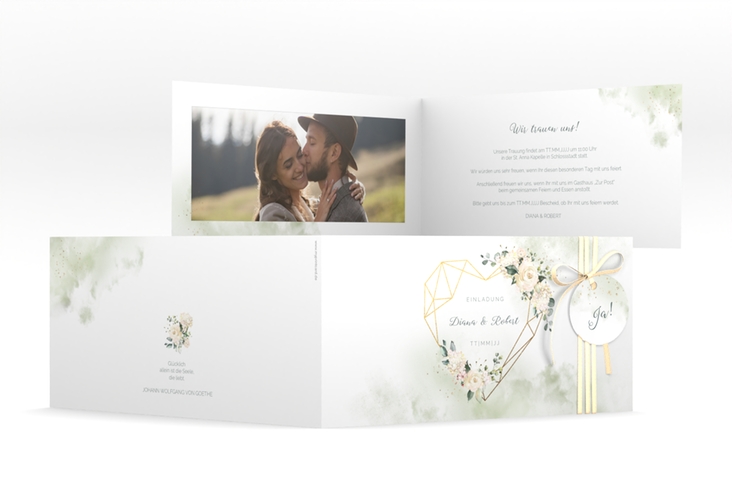 Hochzeitseinladung Adore lange Klappkarte quer gruen hochglanz