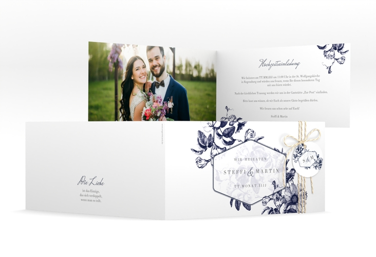 Hochzeitseinladung Magnificent lange Klappkarte quer blau hochglanz
