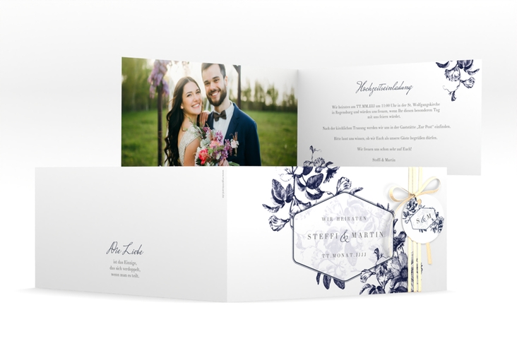 Hochzeitseinladung Magnificent lange Klappkarte quer blau hochglanz