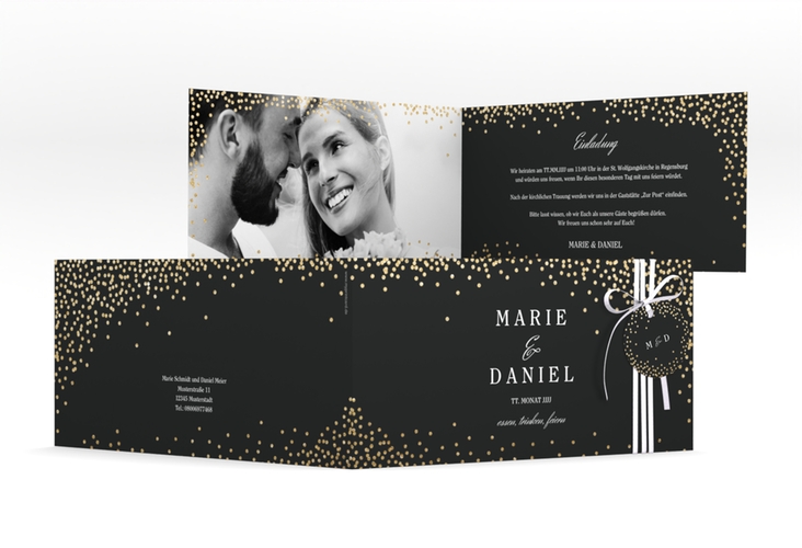Hochzeitseinladung Glitter lange Klappkarte quer schwarz hochglanz