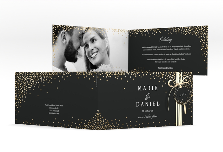 Hochzeitseinladung Glitter lange Klappkarte quer schwarz hochglanz