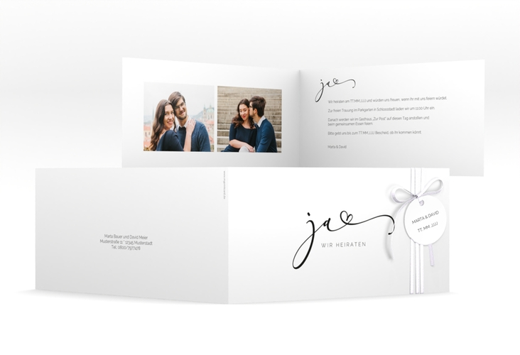 Hochzeitseinladung Jawort lange Klappkarte quer weiss hochglanz modern minimalistisch mit veredelter Aufschrift