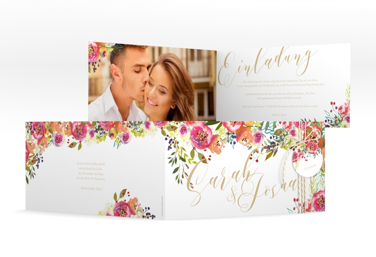 Hochzeitseinladung Flowerbomb lange Klappkarte quer weiss