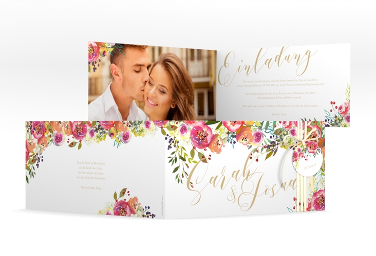 Hochzeitseinladung Flowerbomb lange Klappkarte quer weiss