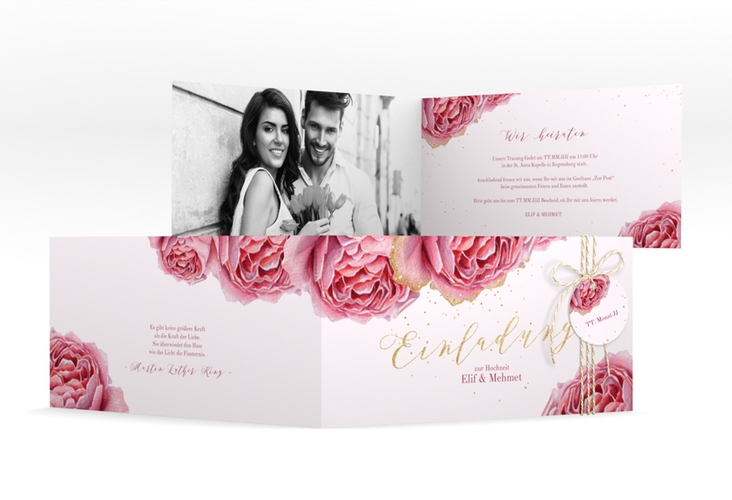 Hochzeitseinladung Cherie lange Klappkarte quer rosa hochglanz