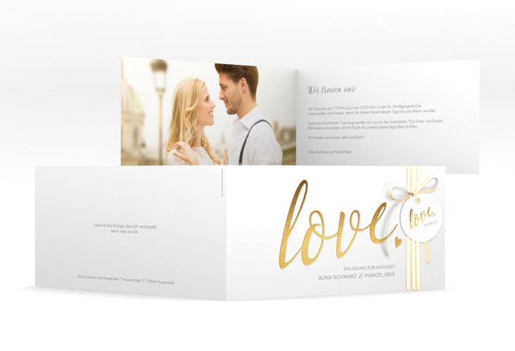 Hochzeitseinladung Glam lange Klappkarte quer weiss