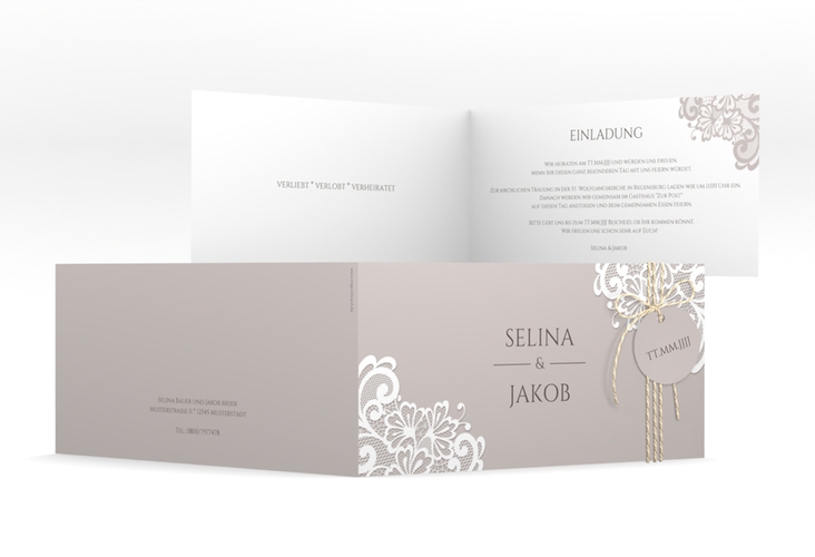 Hochzeitseinladung Vintage lange Klappkarte quer mit floraler Spitze