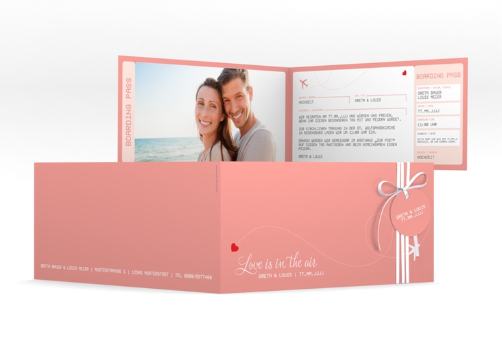 Hochzeitseinladung Weddingpass lange Klappkarte quer rosa hochglanz
