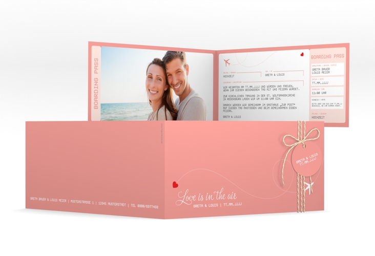 Hochzeitseinladung Weddingpass lange Klappkarte quer rosa hochglanz