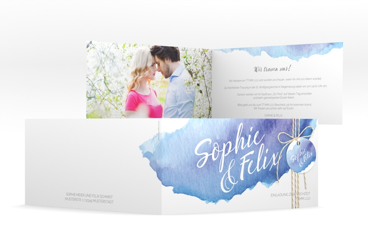 Hochzeitseinladung Aquarella lange Klappkarte quer blau