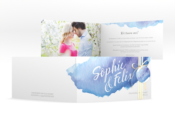 Hochzeitseinladung Aquarella lange Klappkarte quer blau