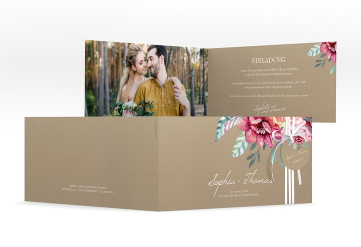 Hochzeitseinladung Blooming lange Klappkarte quer Kraftpapier hochglanz