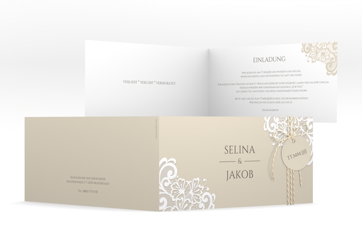 Hochzeitseinladung Vintage lange Klappkarte quer mit floraler Spitze