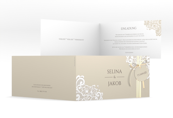 Hochzeitseinladung Vintage lange Klappkarte quer mit floraler Spitze