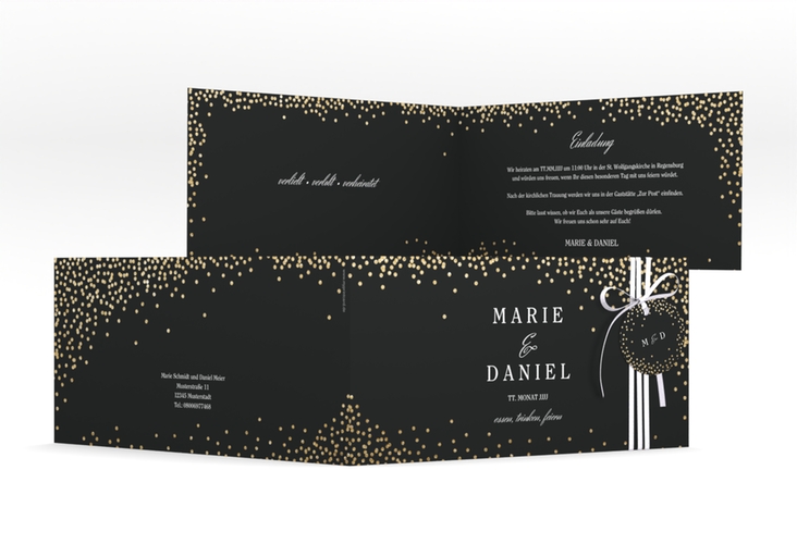 Hochzeitseinladung Glitter lange Klappkarte quer schwarz hochglanz
