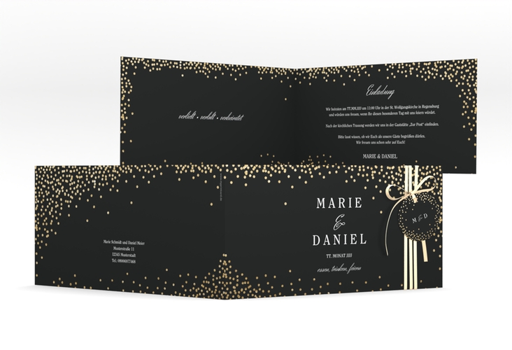 Hochzeitseinladung Glitter lange Klappkarte quer schwarz hochglanz
