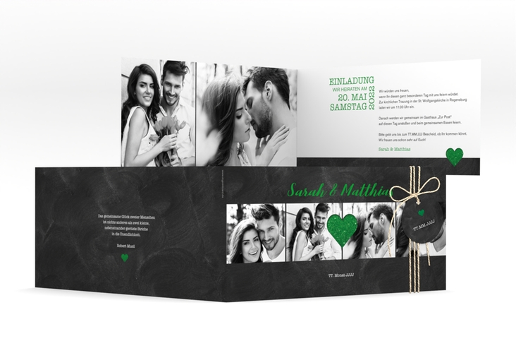 Hochzeitseinladung Sparkly lange Klappkarte quer gruen