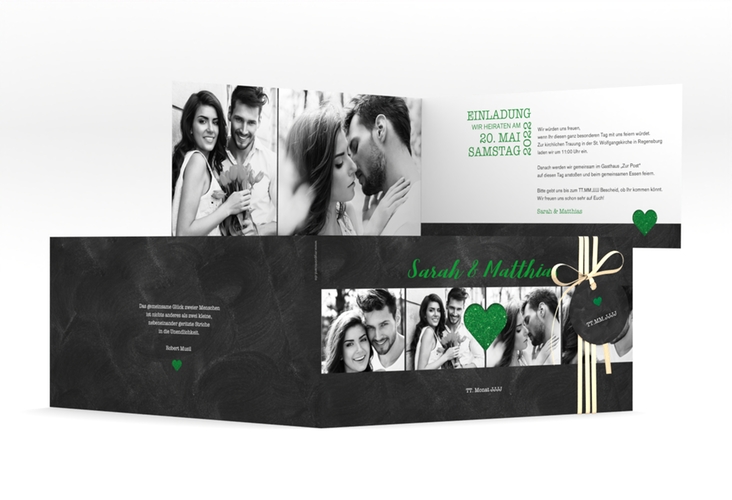 Hochzeitseinladung Sparkly lange Klappkarte quer gruen