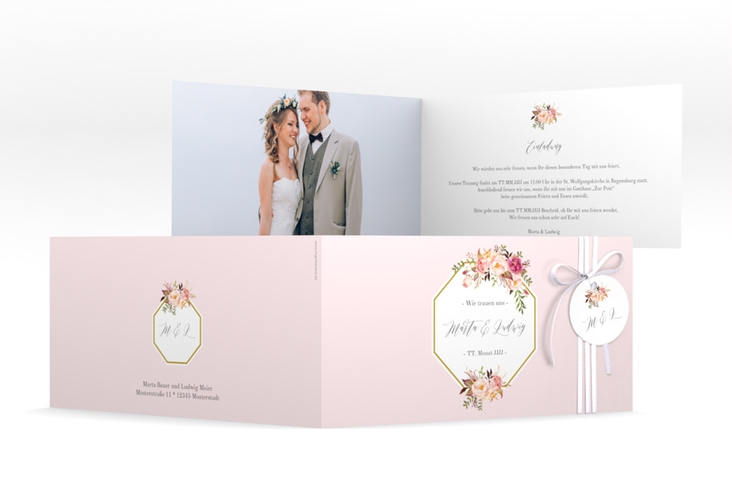 Hochzeitseinladung Prachtvoll lange Klappkarte quer rosa hochglanz
