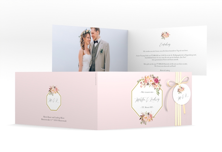 Hochzeitseinladung Prachtvoll lange Klappkarte quer rosa hochglanz