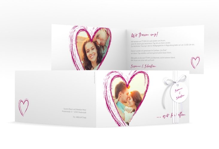 Hochzeitseinladung Liebe lange Klappkarte quer pink hochglanz
