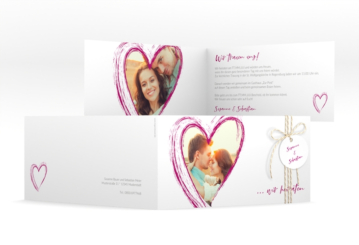 Hochzeitseinladung Liebe lange Klappkarte quer pink hochglanz