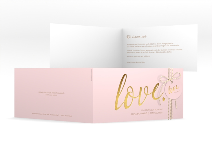 Hochzeitseinladung Glam lange Klappkarte quer rosa hochglanz