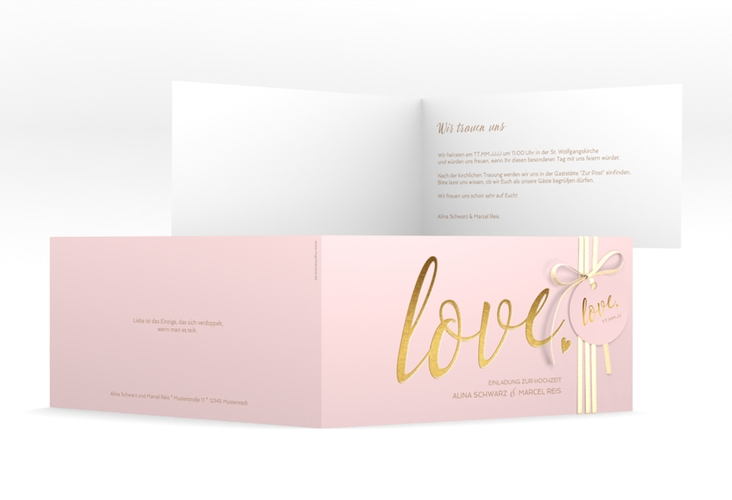 Hochzeitseinladung Glam lange Klappkarte quer rosa hochglanz