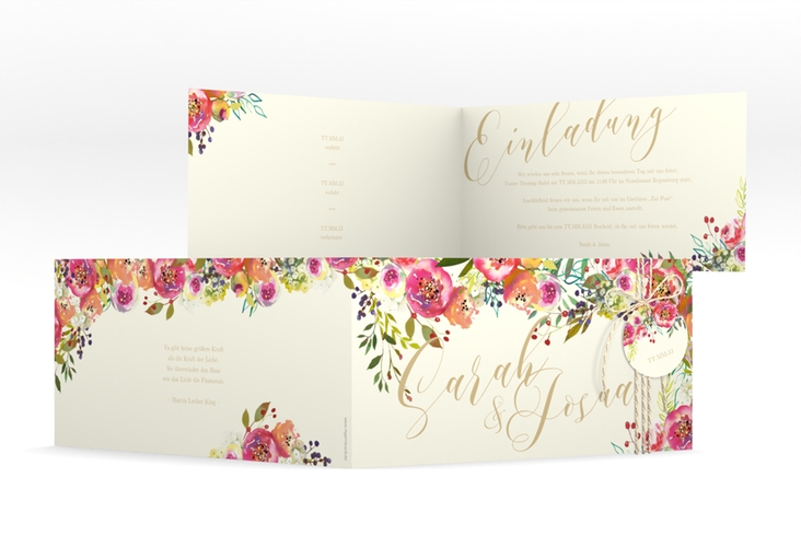 Hochzeitseinladung Flowerbomb lange Klappkarte quer beige hochglanz