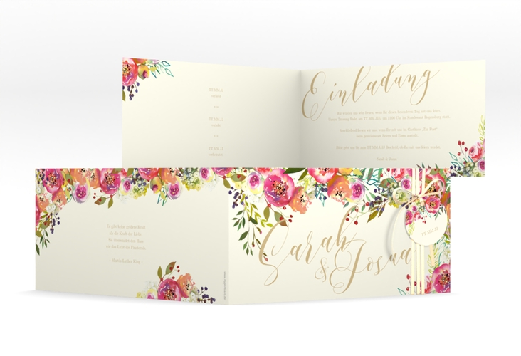 Hochzeitseinladung Flowerbomb lange Klappkarte quer beige hochglanz
